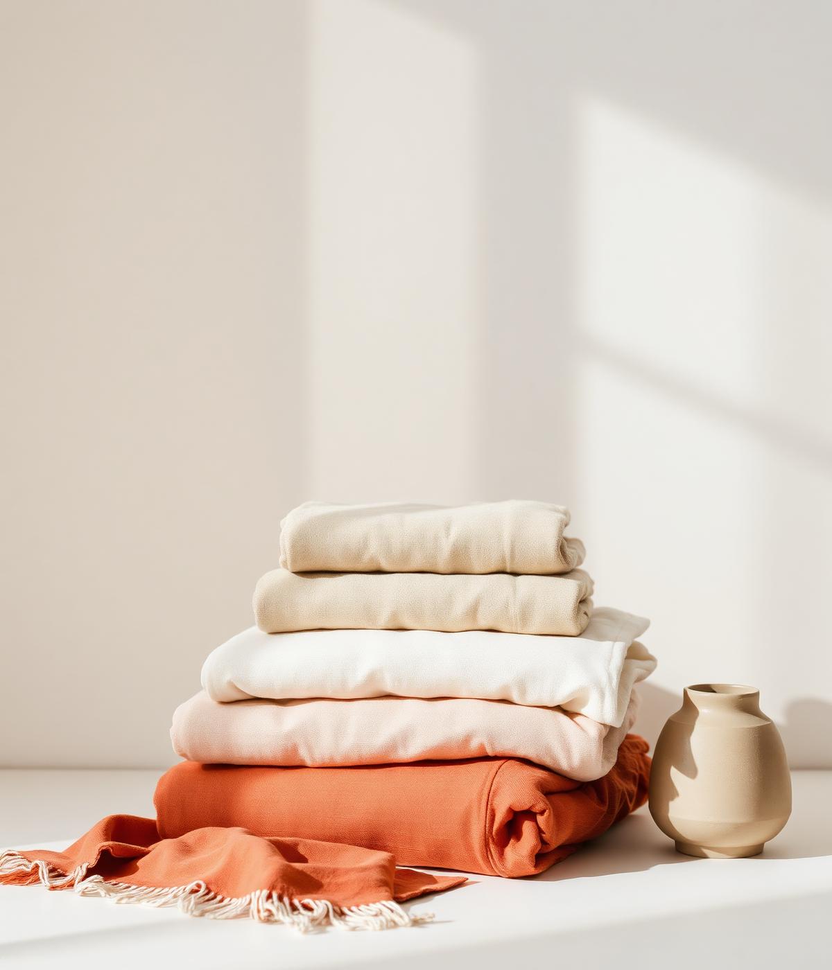 Stacked linen throws in earthy tones